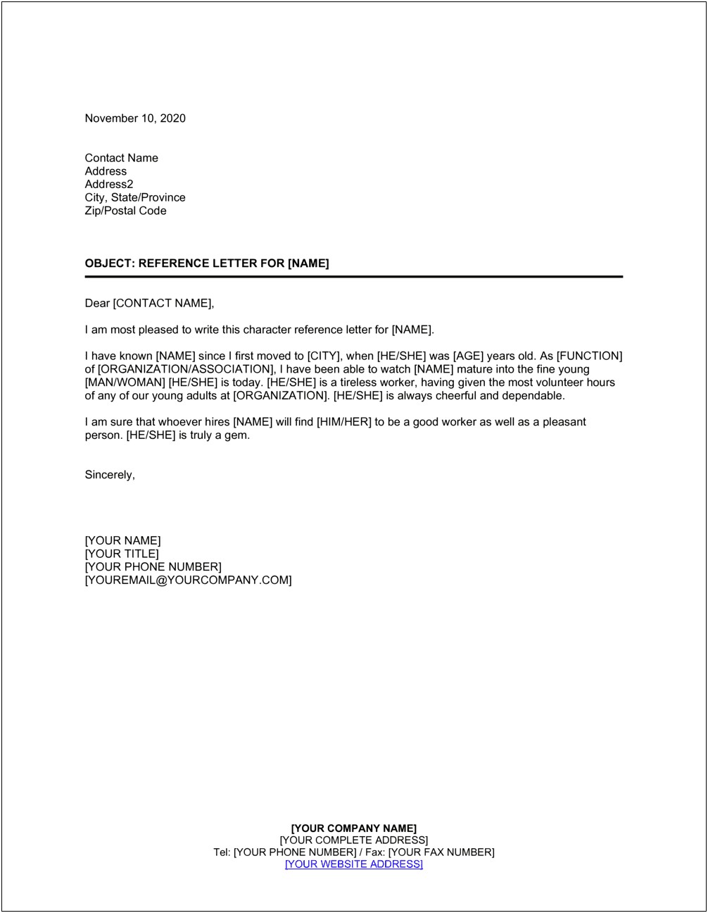 Reference Letter Of Good Character Template