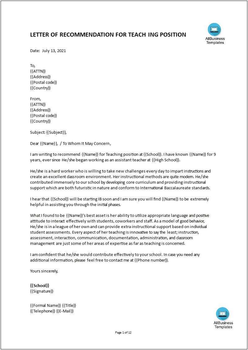 Reference Letter Template For A Teacher