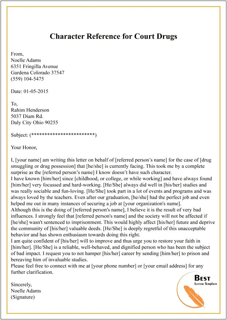 Reference Letter Template For Criminal Cour