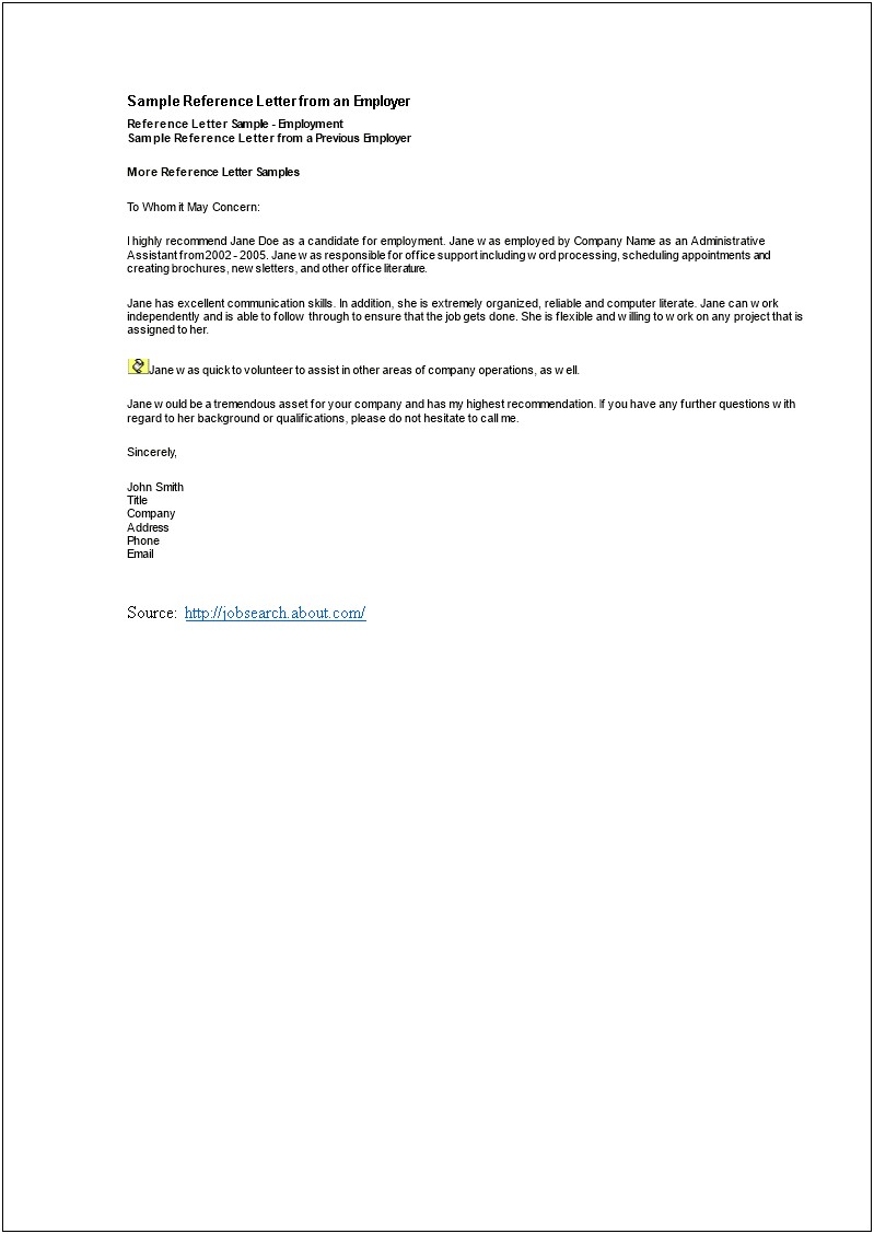 Reference Letter Template For Employee Word