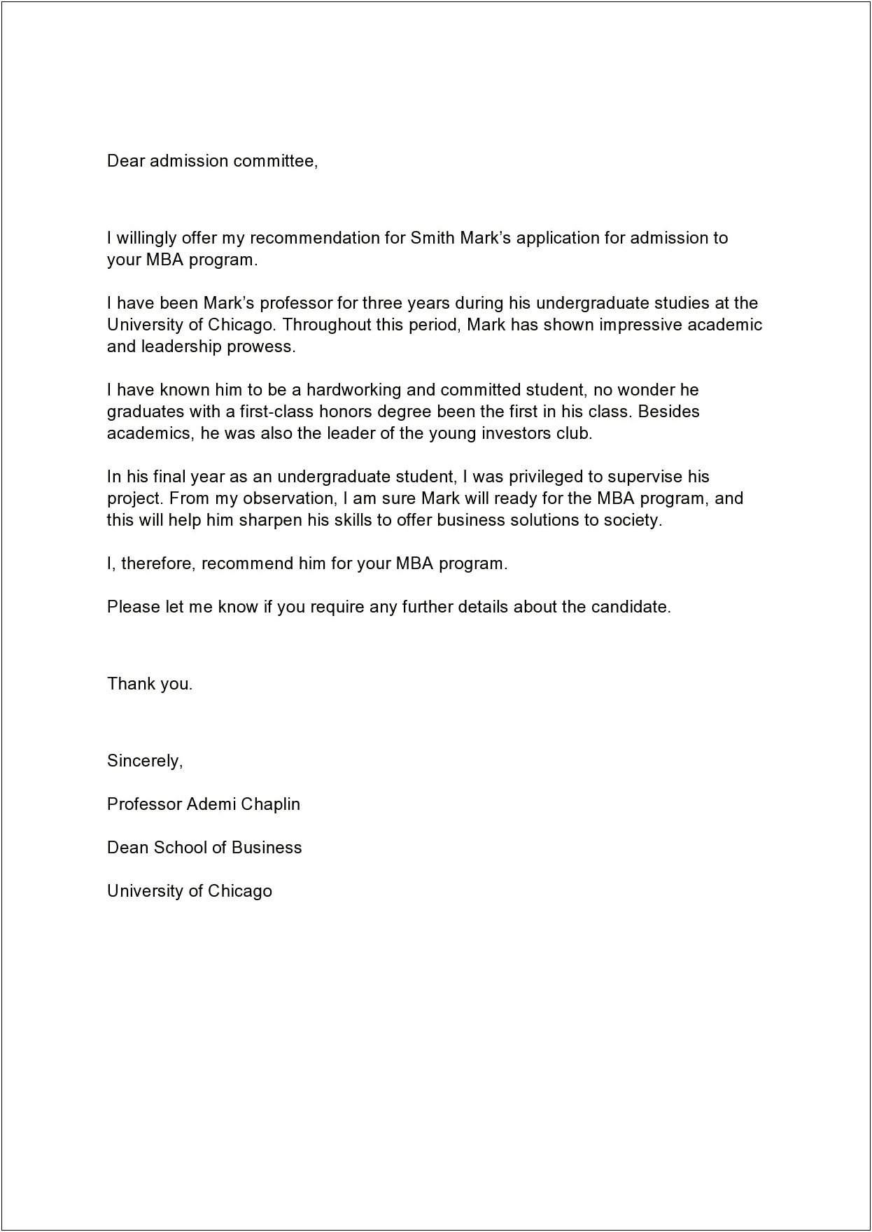 Reference Letter Template For Graduate School