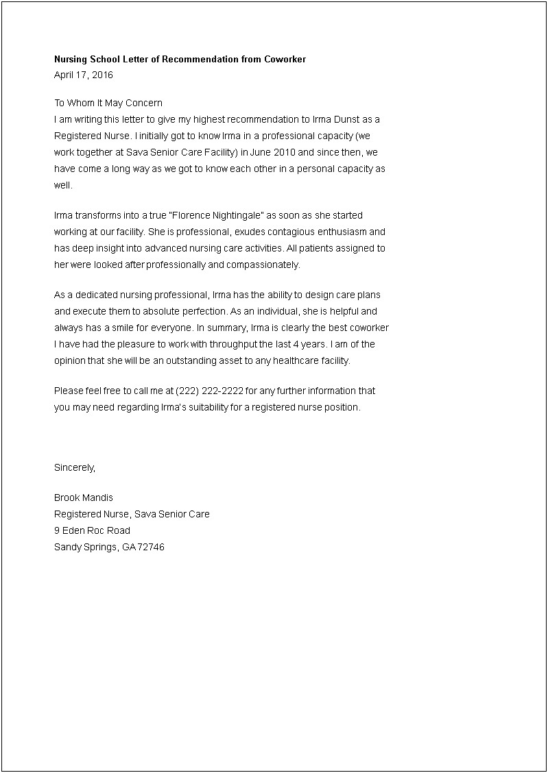 Reference Letter Template For Nursing School