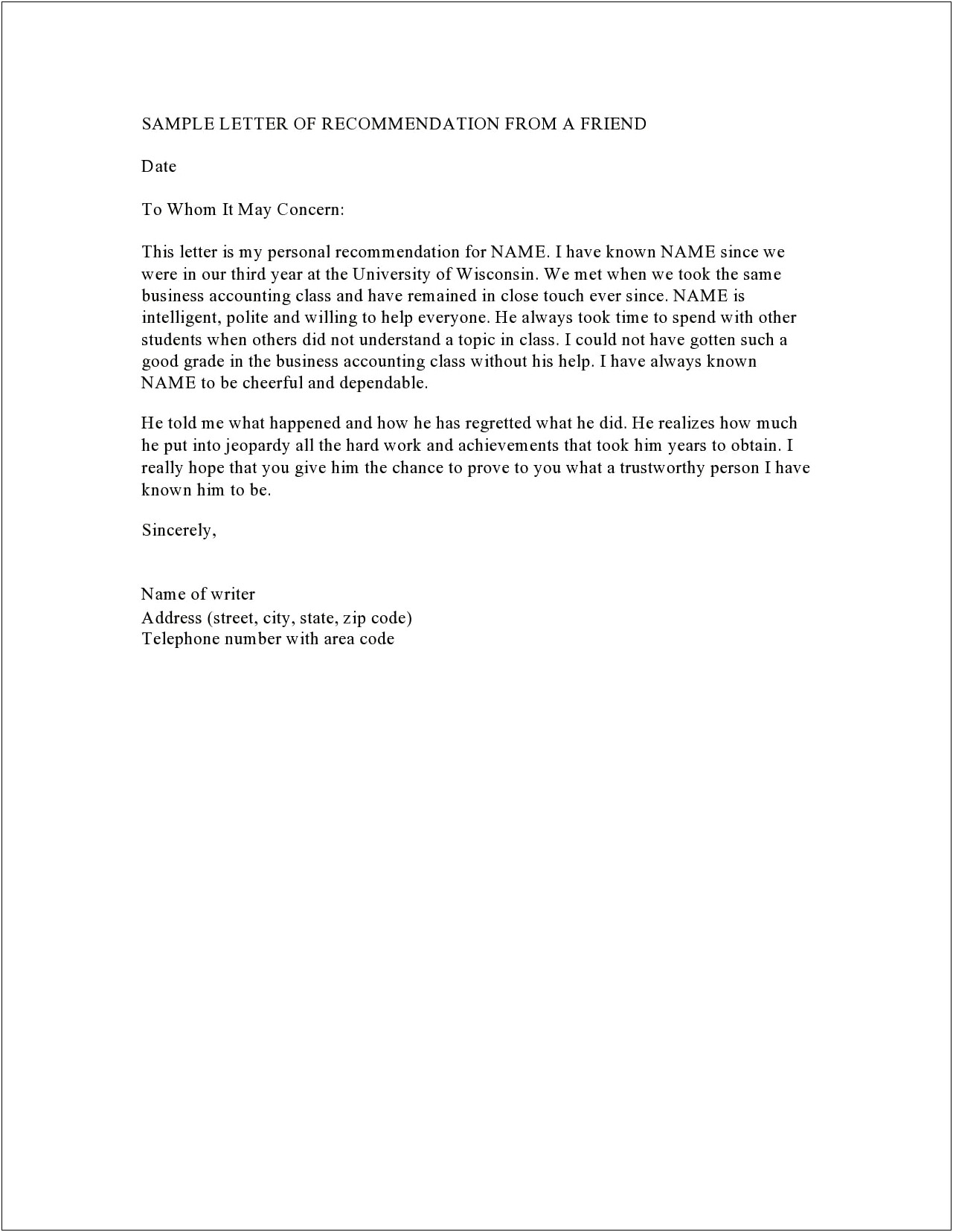 Reference Letter Template For Senior Housing