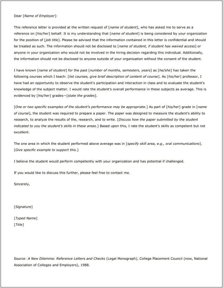 Reference Letter Template For Student From Employer