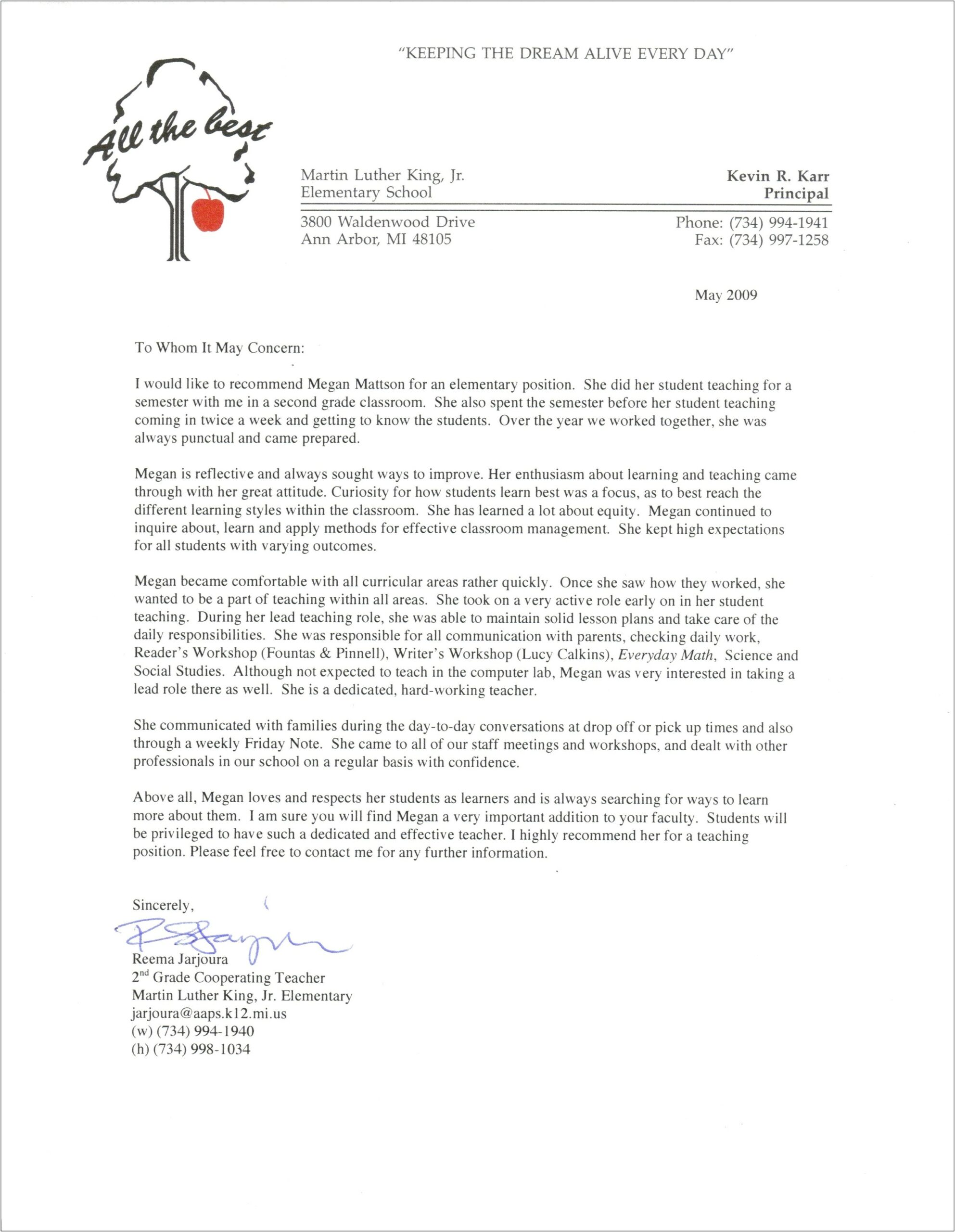 Reference Letter Template For Teacher Position