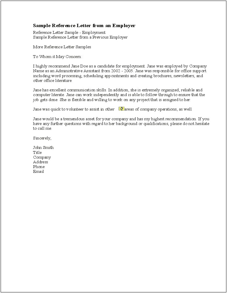 Reference Letter Template From Employer Doc