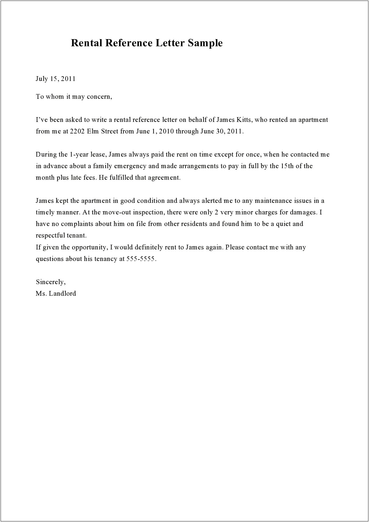 Reference Letter Template From Employer To Landlord