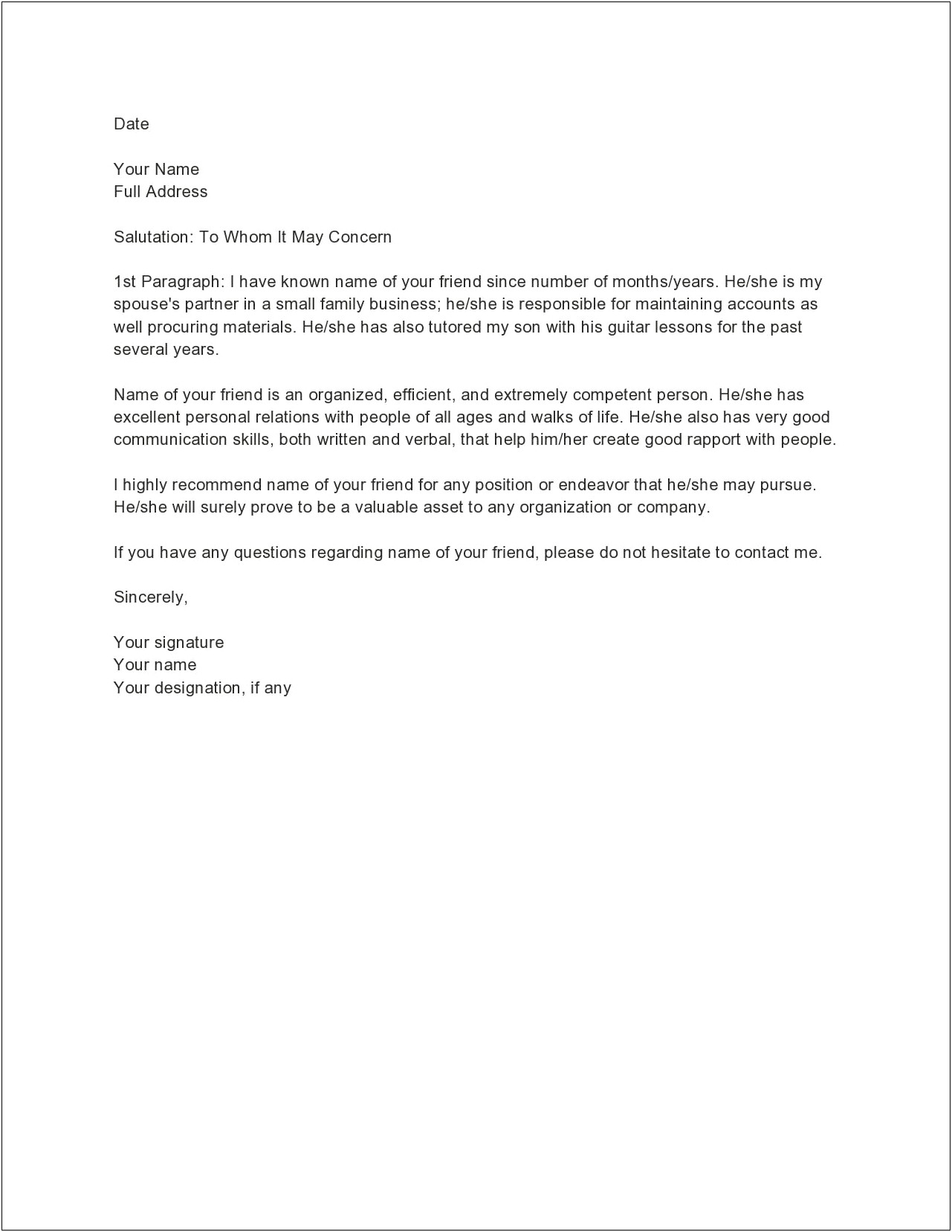 Reference Letter To A Friend Template