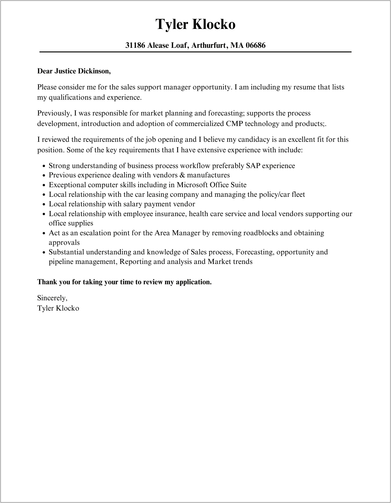 Regional Sales Manager Cover Letter Template