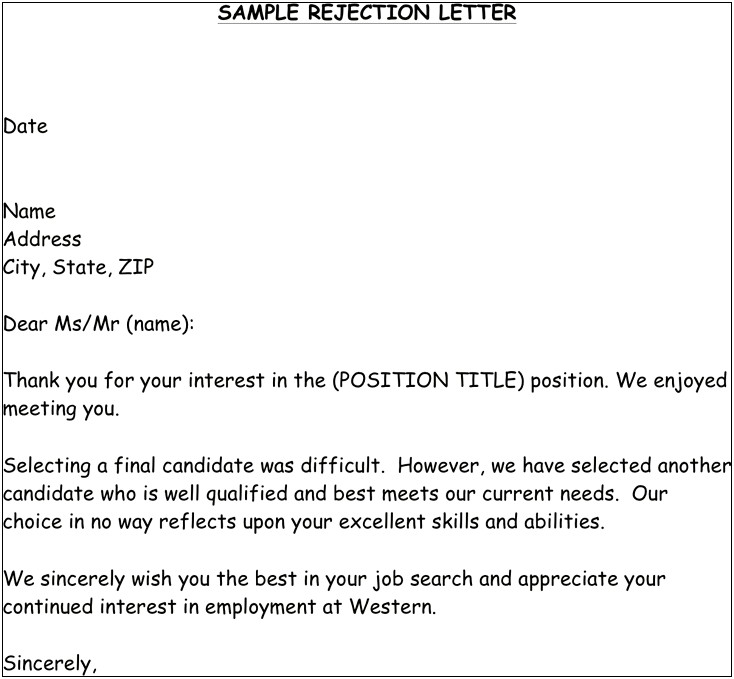 Rejection Letter After Interview Template Uk