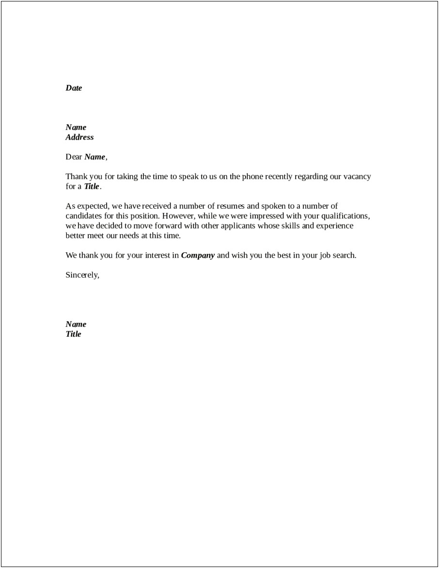 Rejection Letter Following Receipt Of Application Template