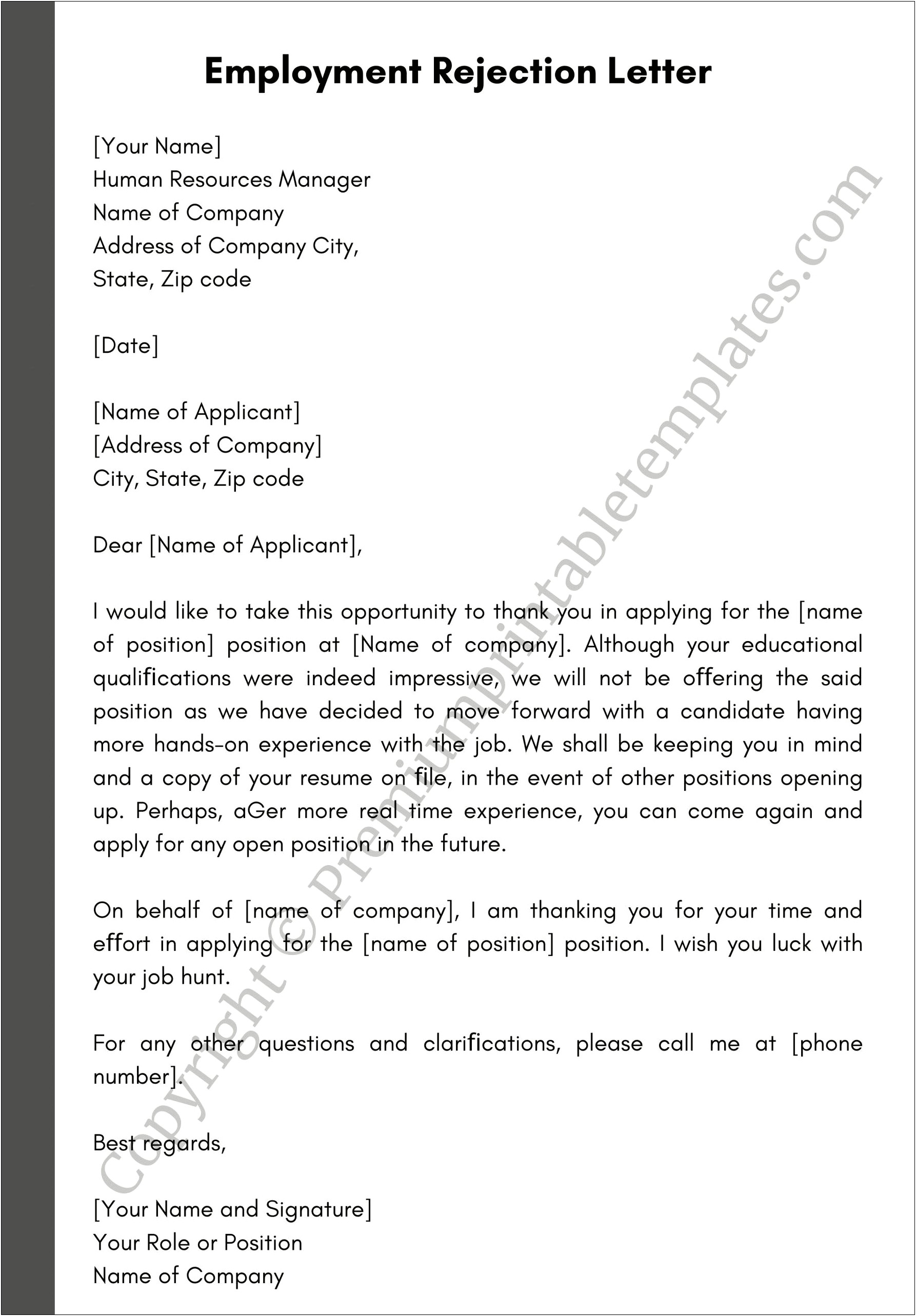 Rejection Letter Template For Job Applicants