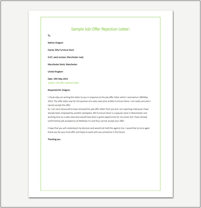 Rejection Letter Template For Job Offer