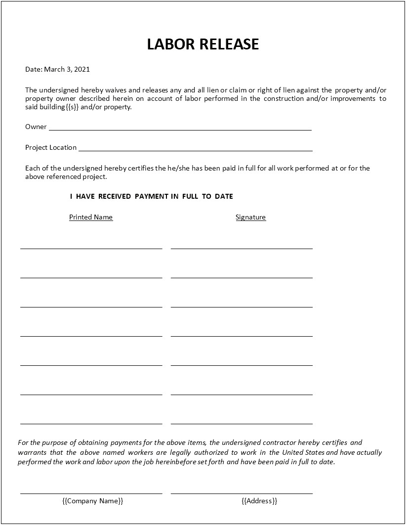 Release Of Mechanics Lien Letter Template