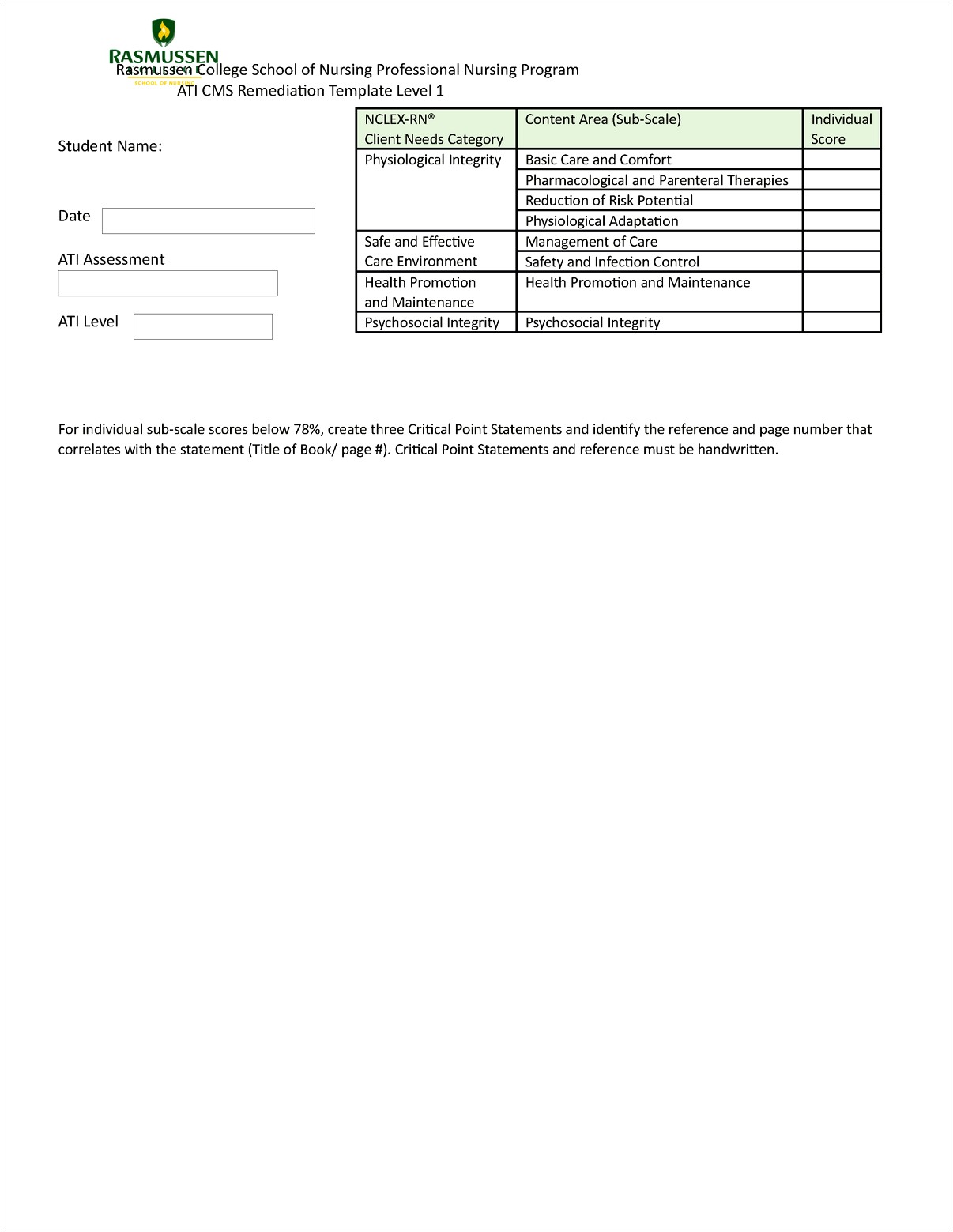 Remediation Plan Template For Nursing Students