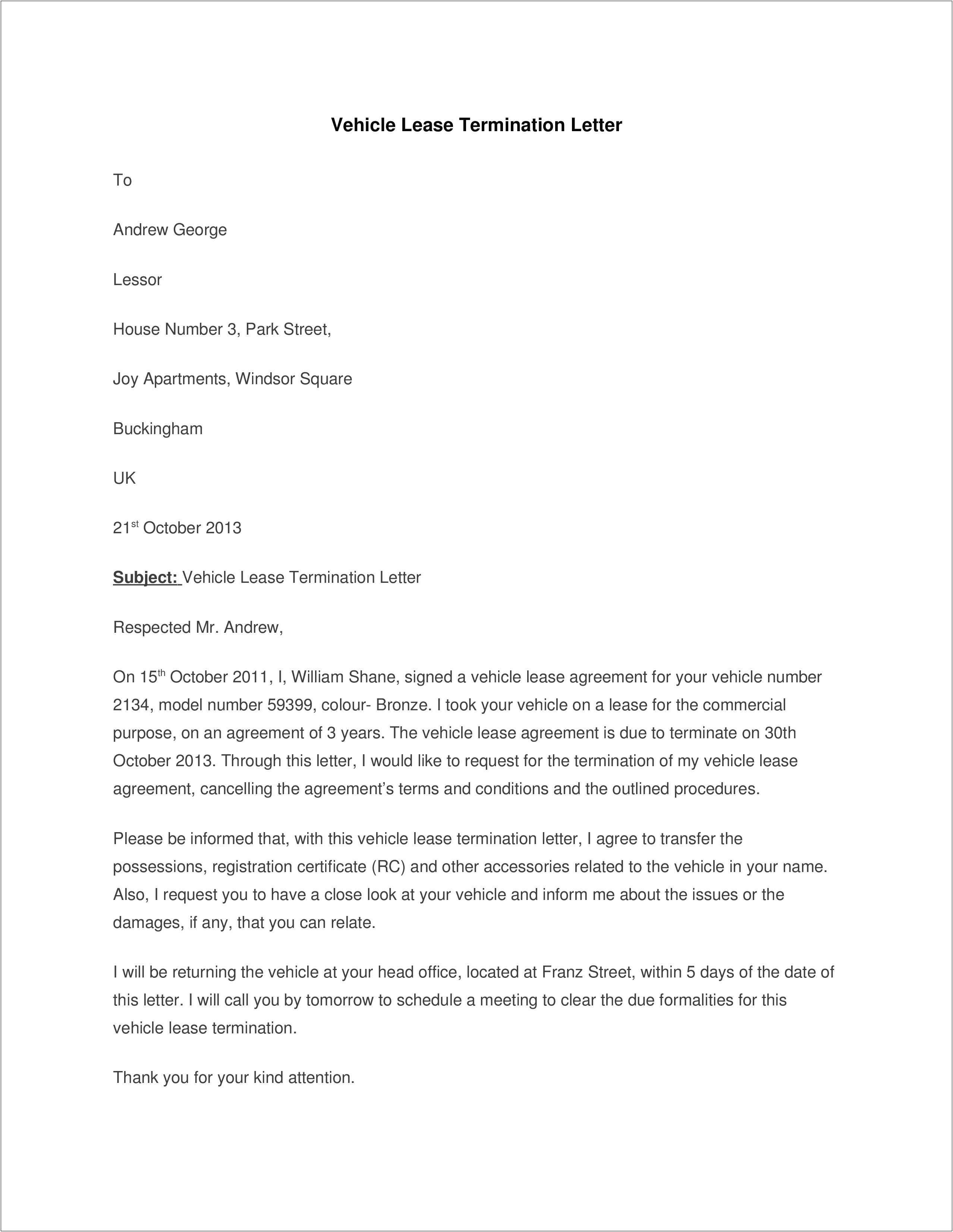 Rental Agreement End Of Lease Letter Template