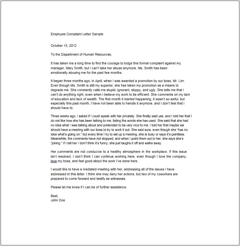 Reply To Employee Complaint Letter Template