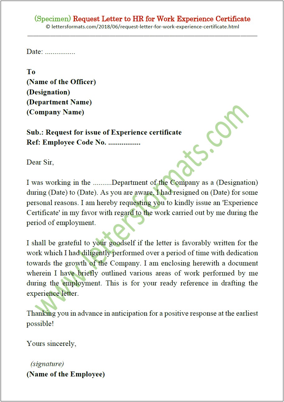 Request For Certificate Of Employment Letter Template