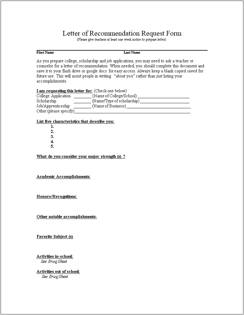 Request For Recommendation Letter Template For Scholarship