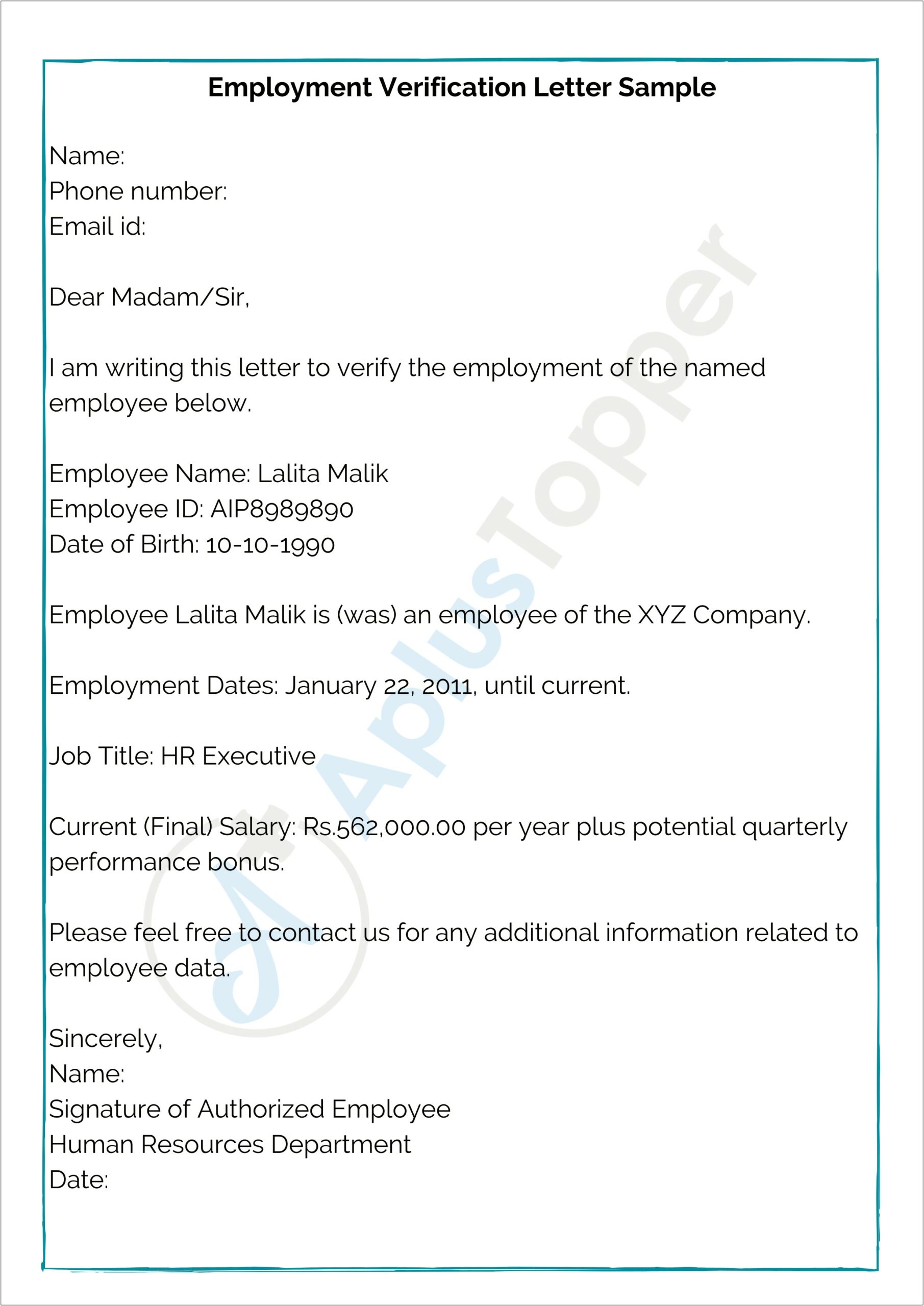 Request For Verification Of Employment Letter Template