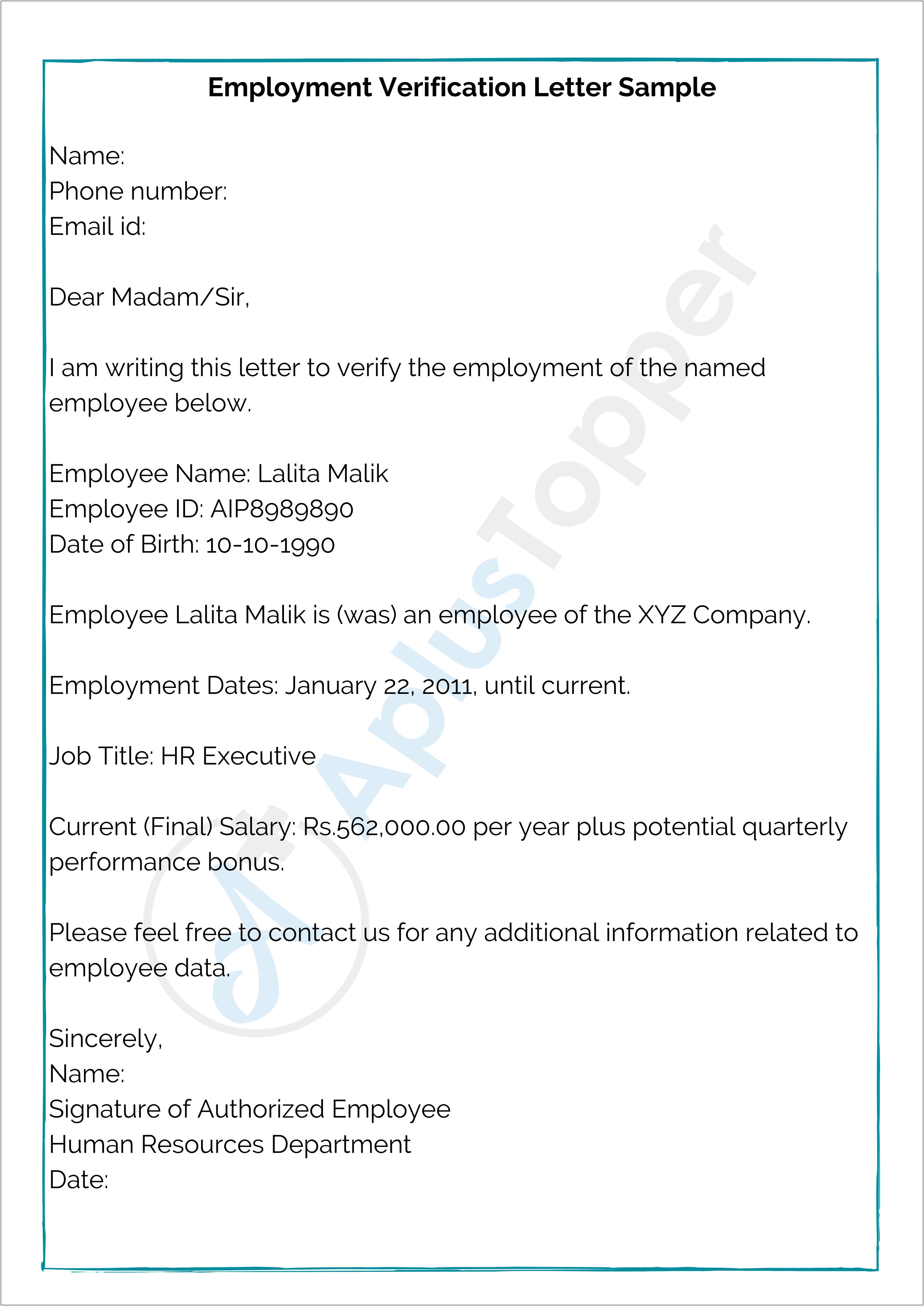 Request For Verification Of Employment Letter Template