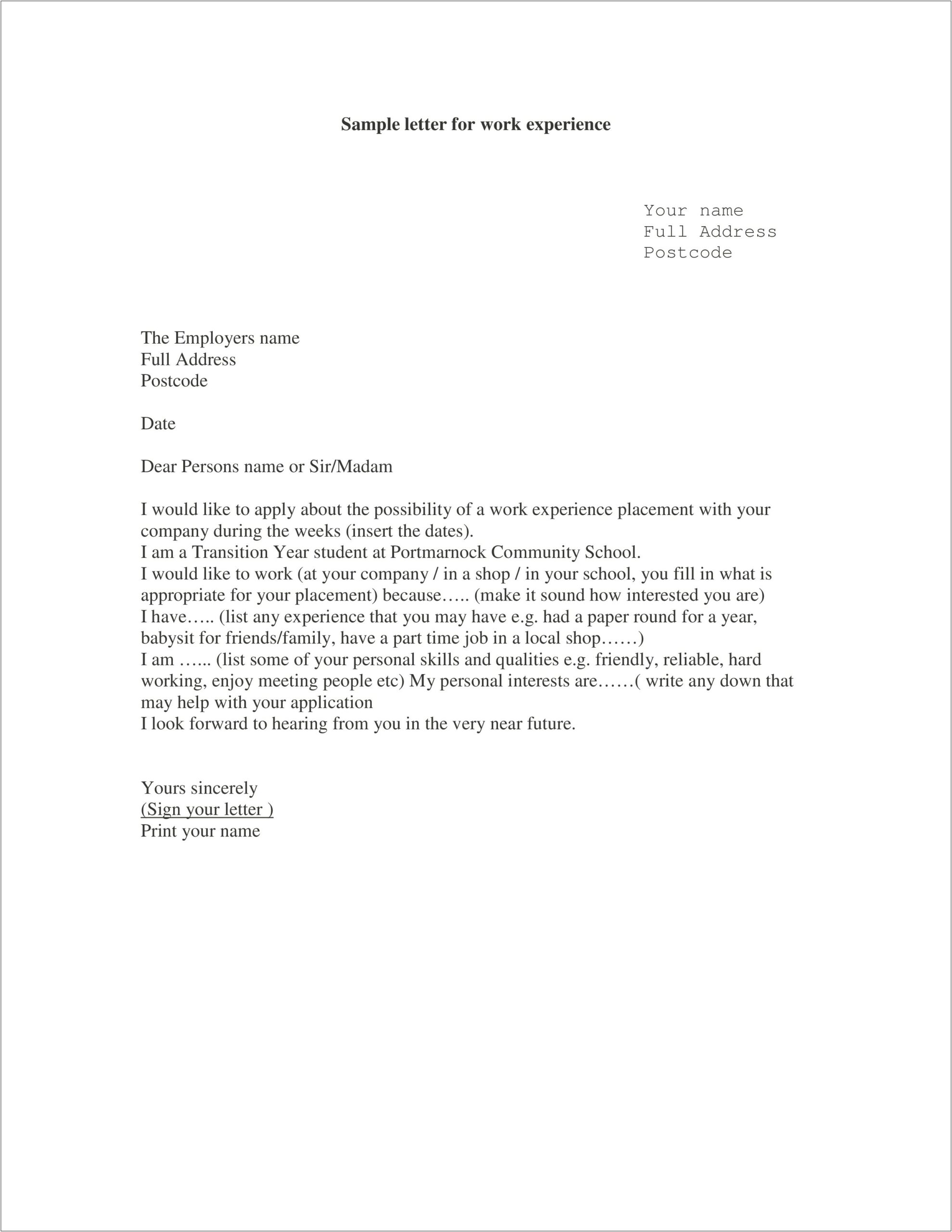 Request Letter For Experience Certificate Template