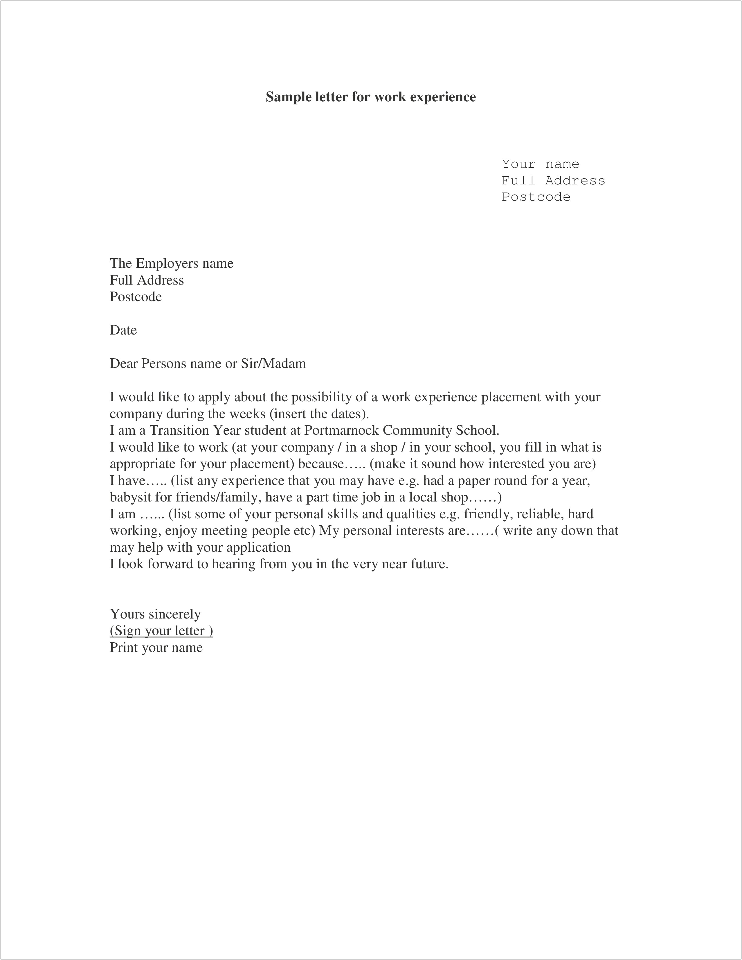 Request Letter For Experience Certificate Template