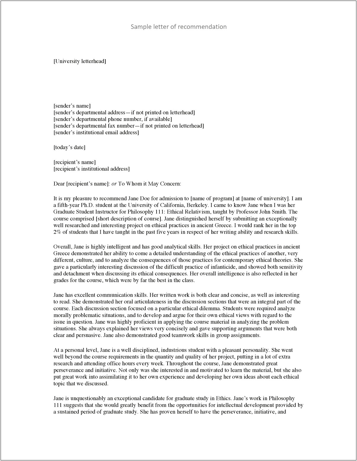 Request Letter Of Recommendation Graduate School Template