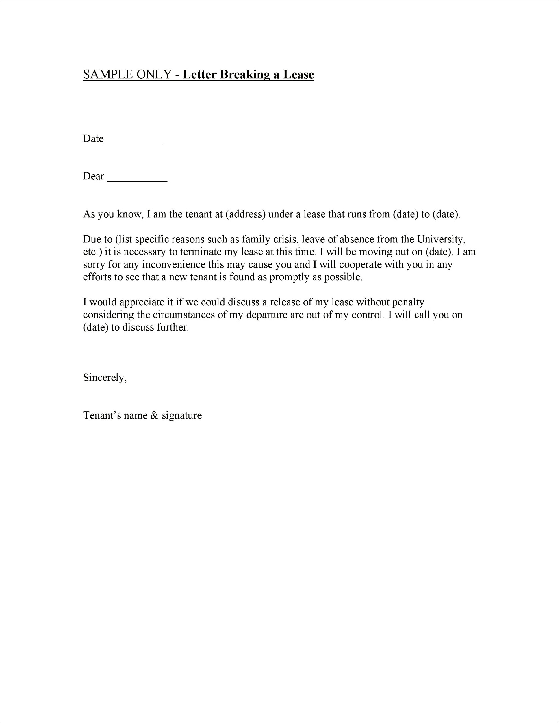 Request To Break Lease Letter Template