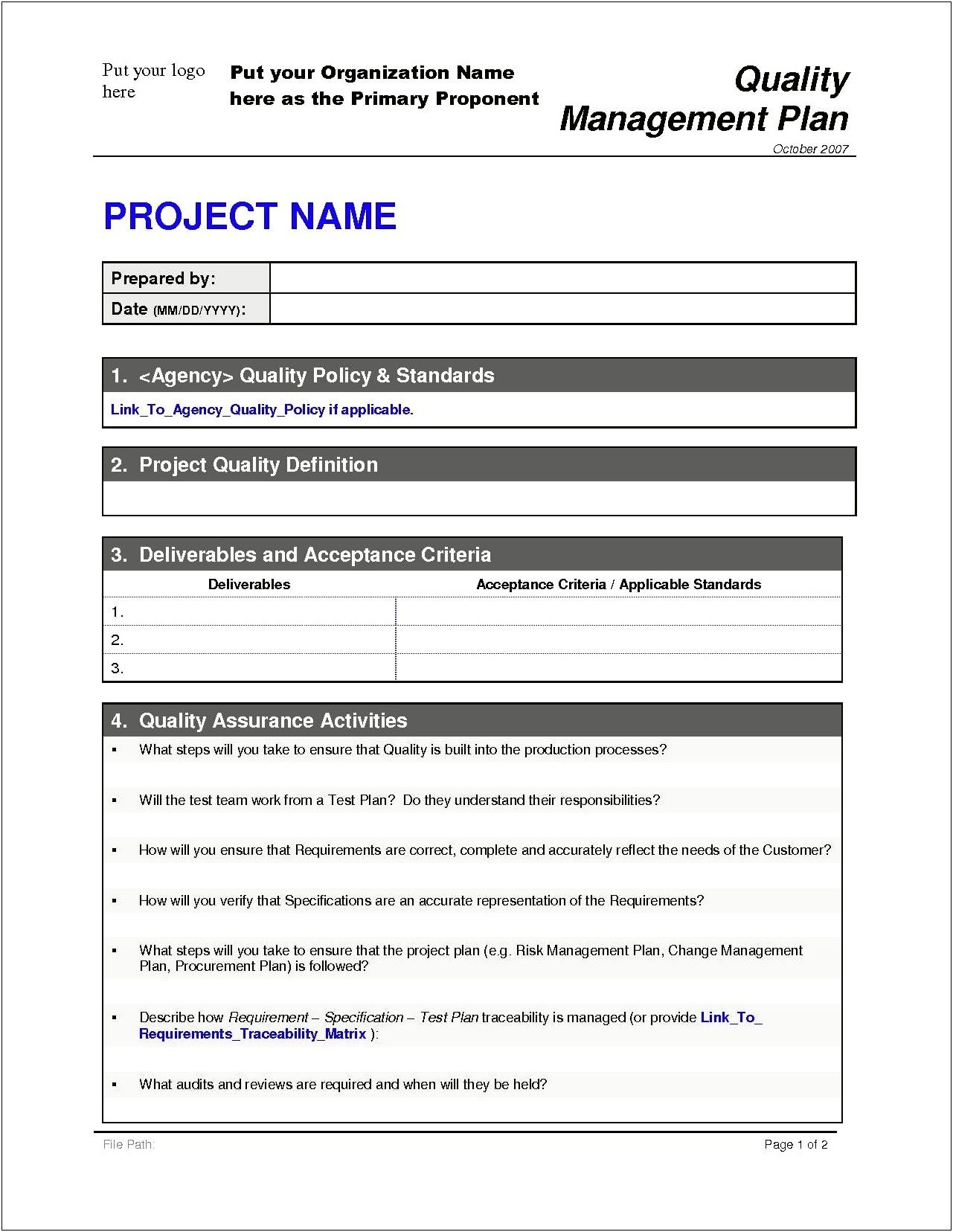 Requirements Management And Quality Plan Template