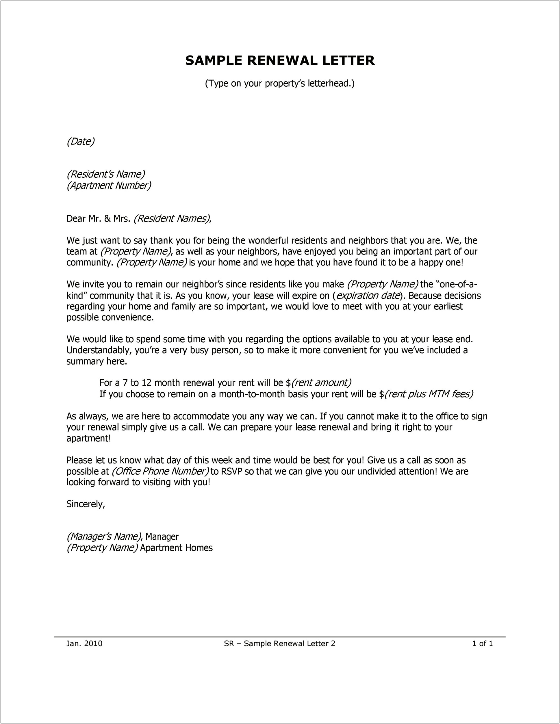 Resident Not Renew Lease Letter Template