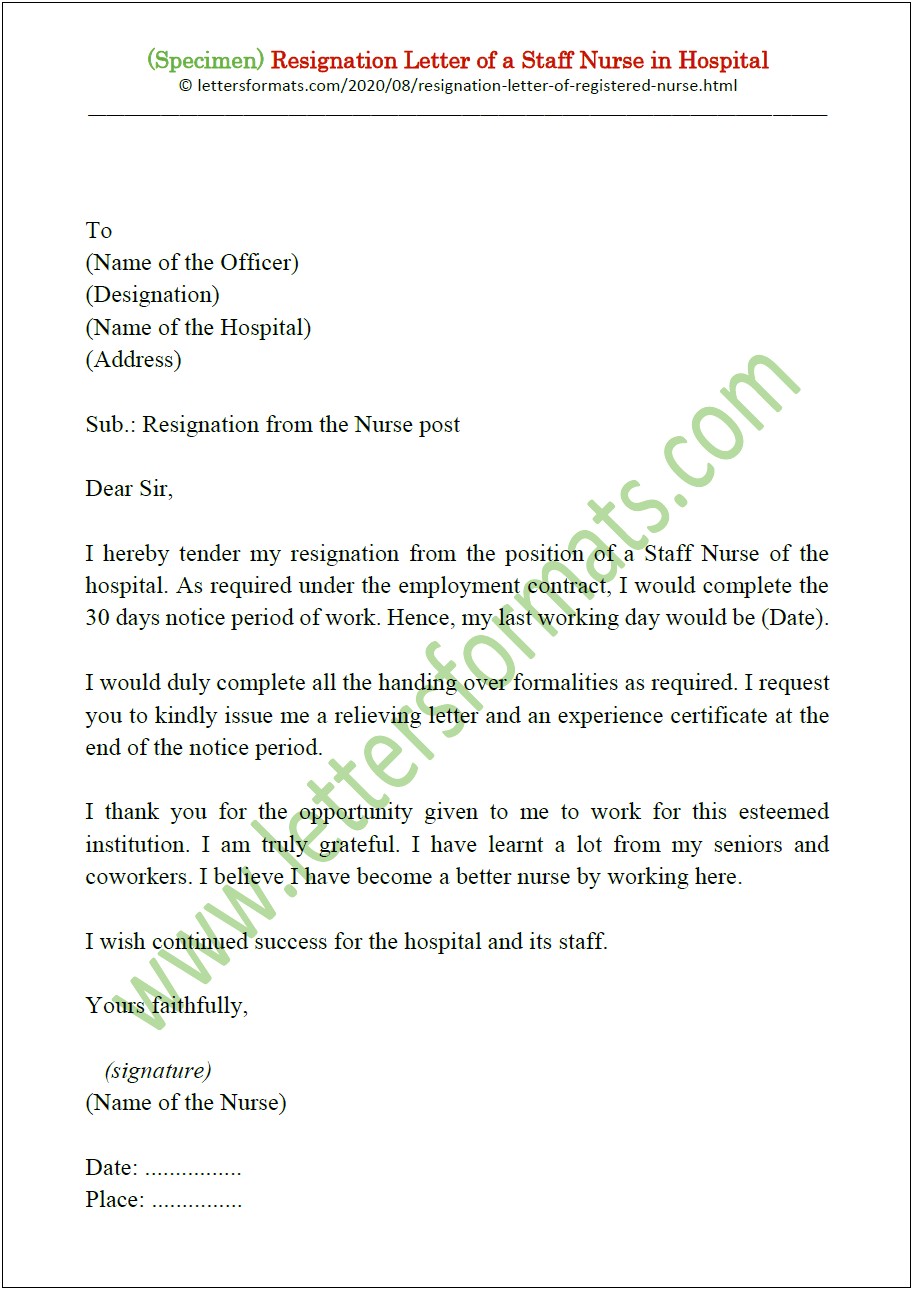 Resignation Letter 30 Days Notice Template