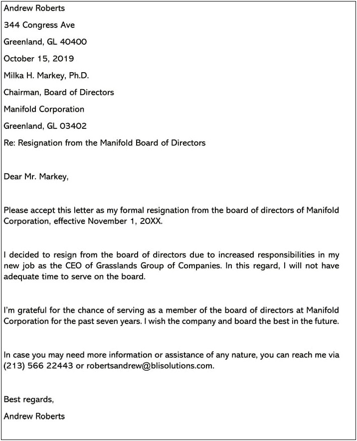 Resignation Letter Board Of Directors Template