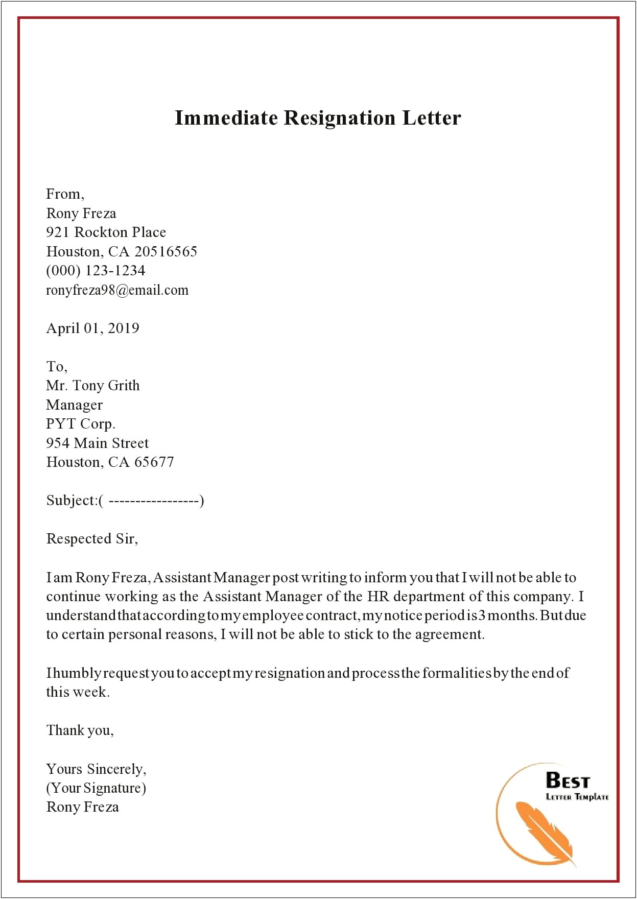 Resignation Letter Due To Harassment Template