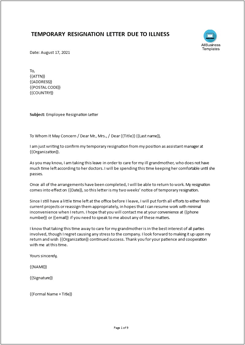 Resignation Letter Due To Ill Health Template