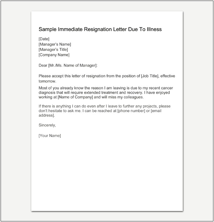 Resignation Letter Due To Illness Template