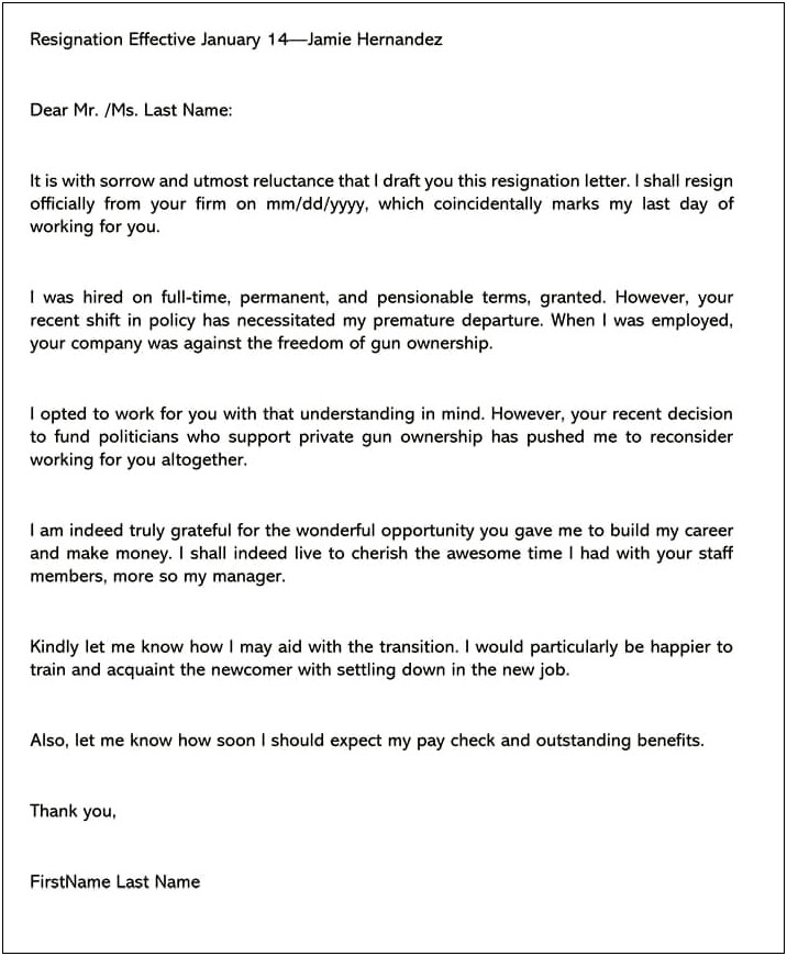 Resignation Letter Due To Moving Template