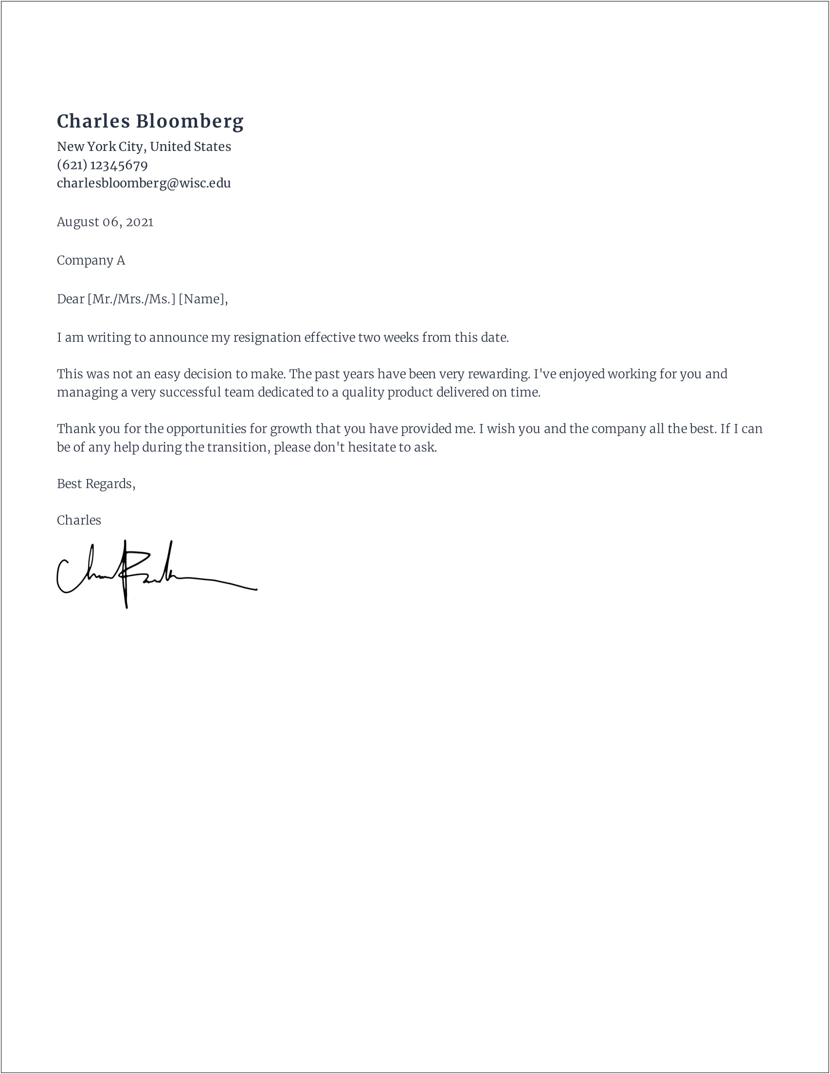 Resignation Letter Due To New Job Opportunity Template