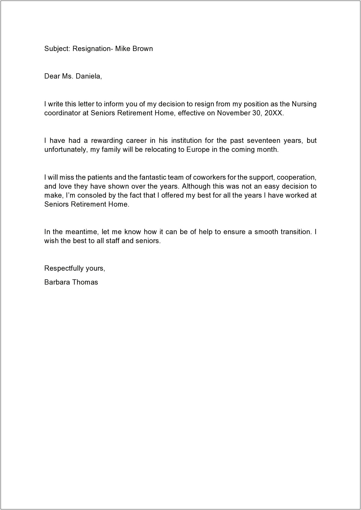 Resignation Letter Due To Spouse Relocation Template