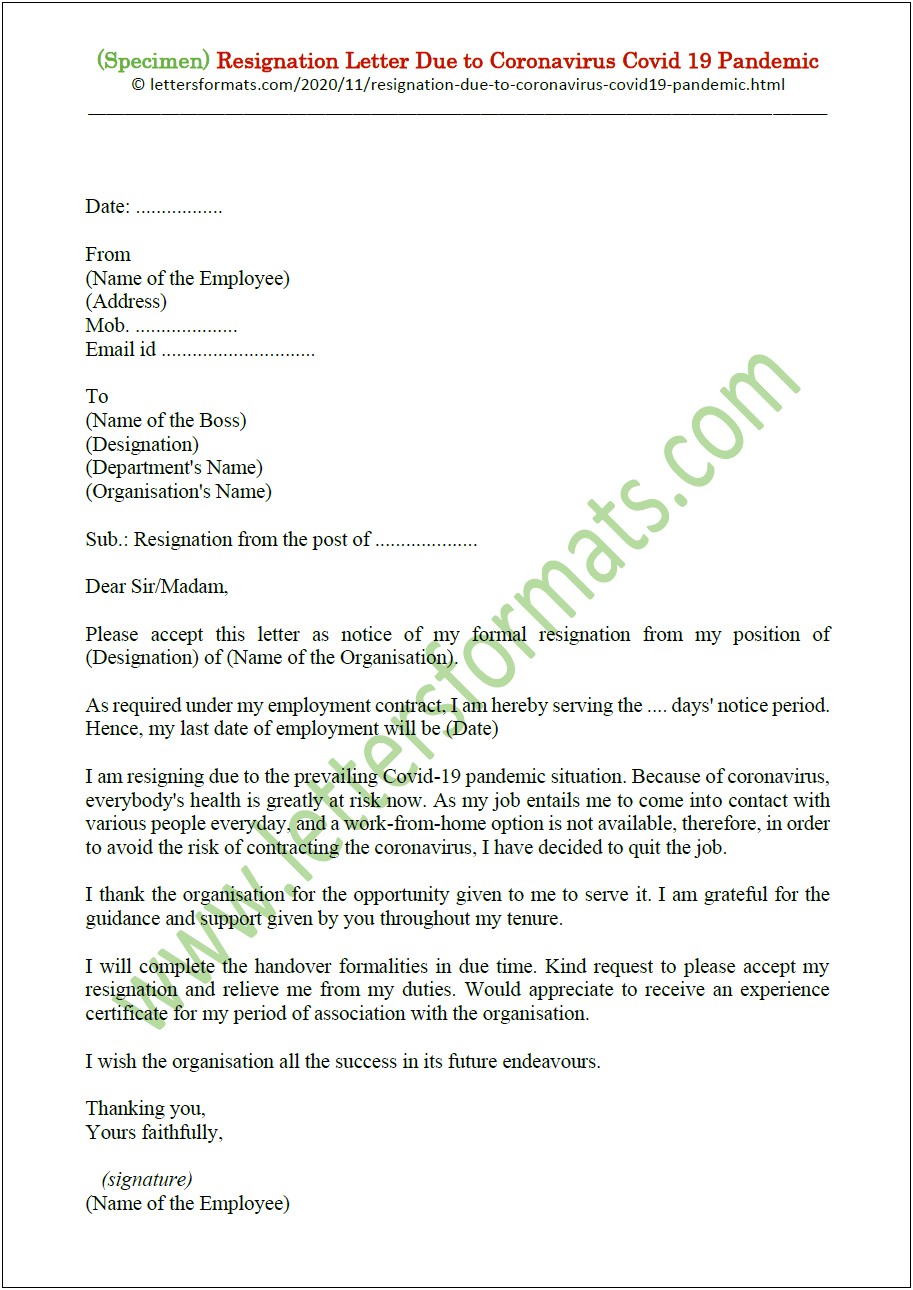 Resignation Letter Due To Stress Template