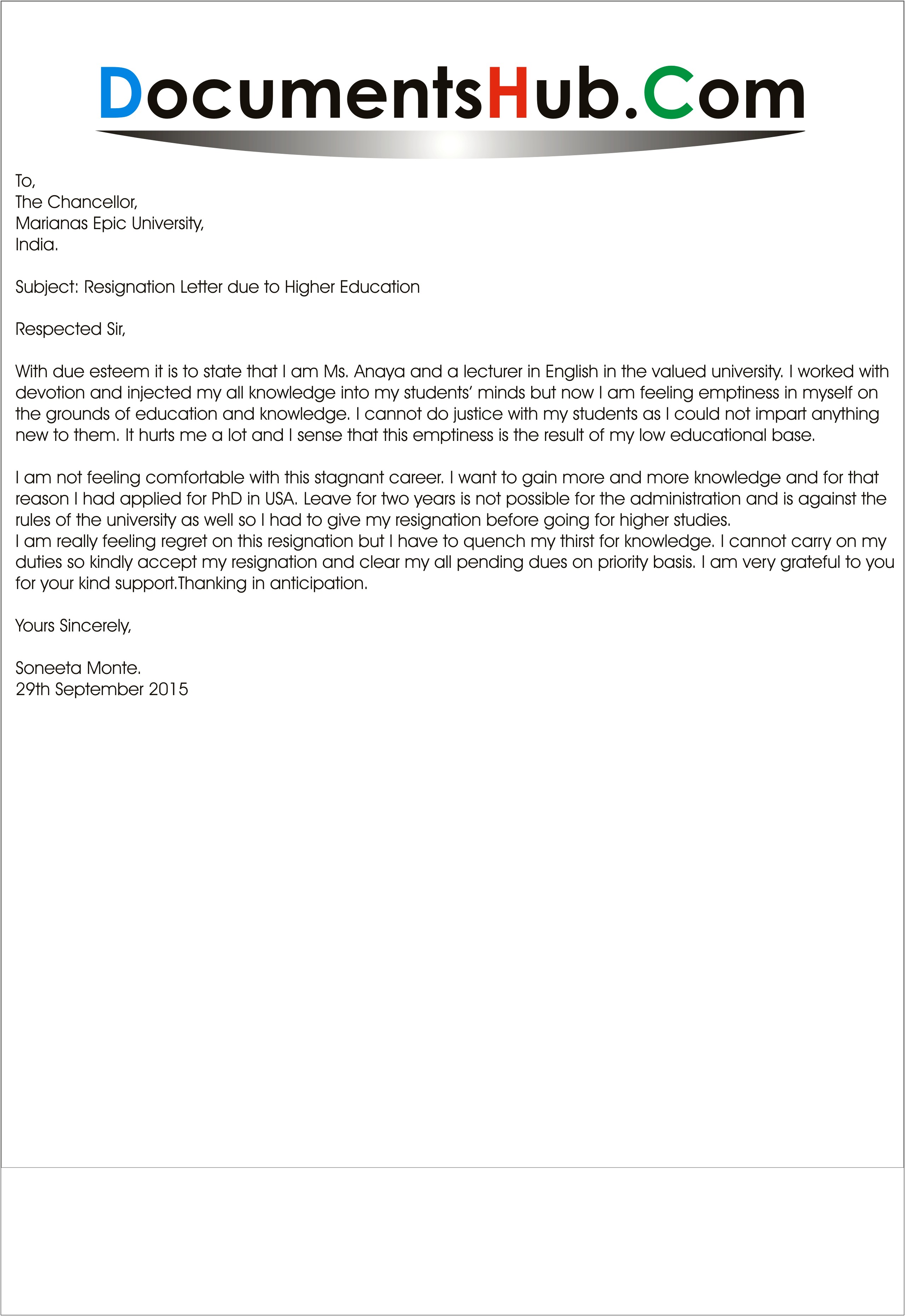 Resignation Letter Due To Study Template