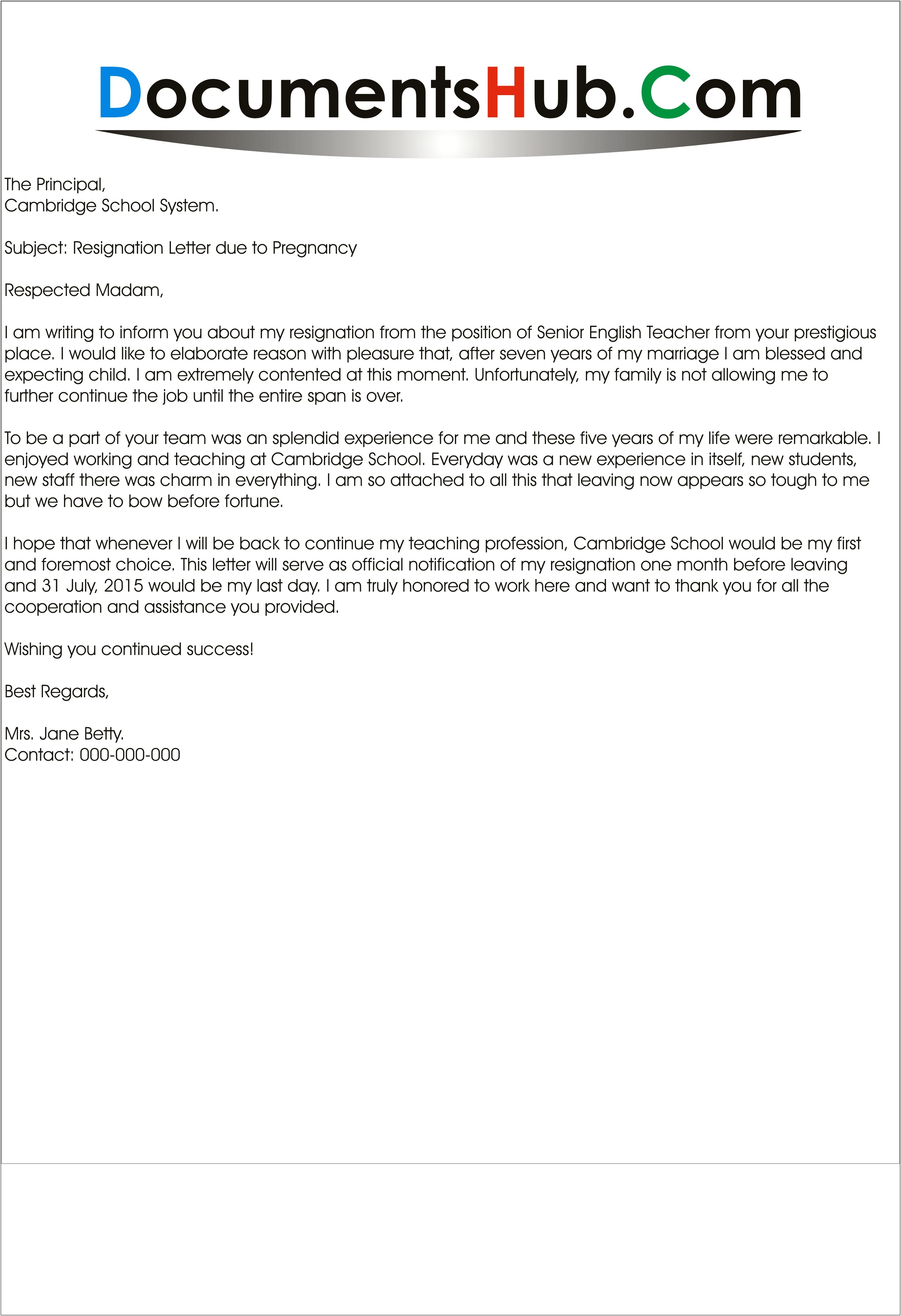 Resignation Letter During Maternity Leave Template