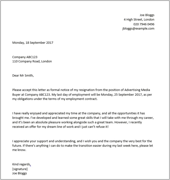 Resignation Letter For Part Time Job Template