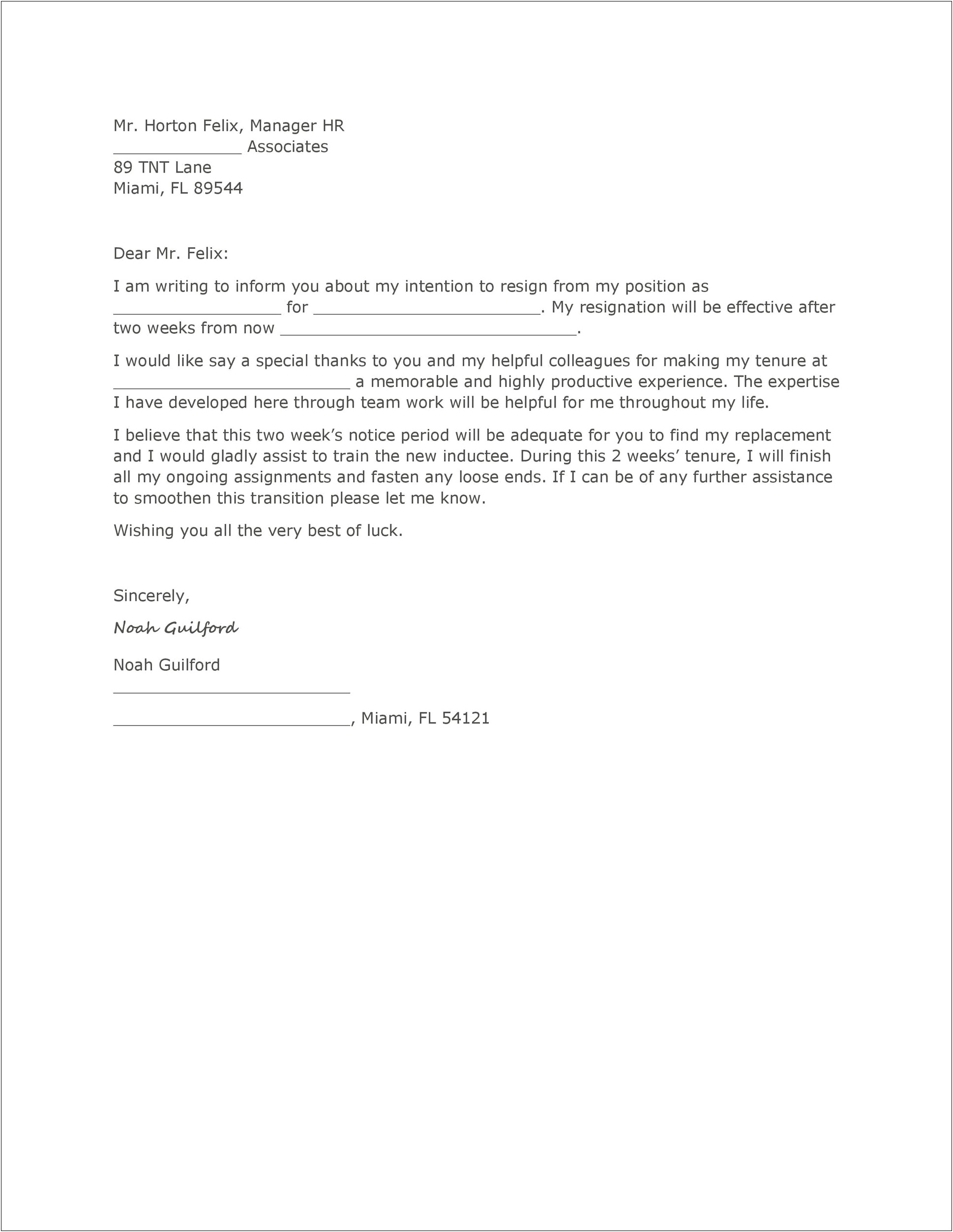 Resignation Letter Sample 2 Weeks Notice Template