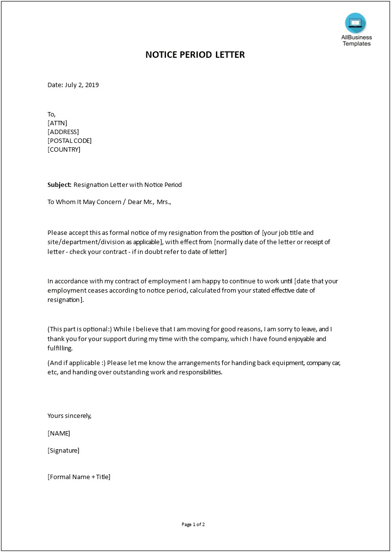 Resignation Letter Template 1 Month Notice Doc