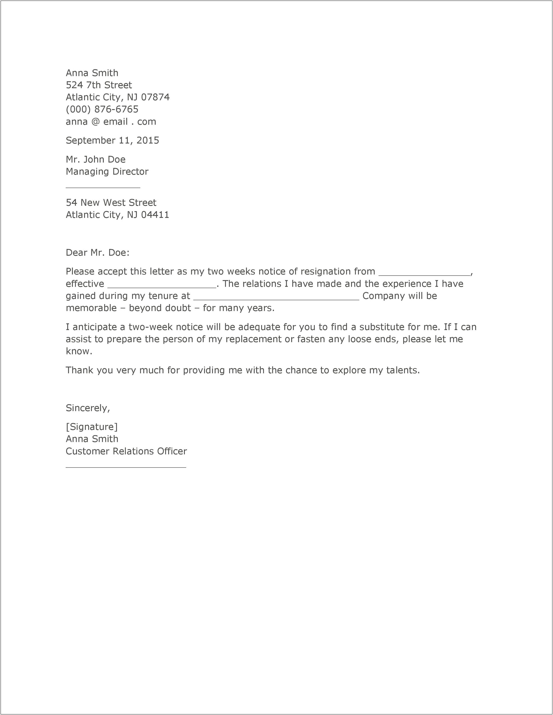 Resignation Letter Template 1 Week Notice