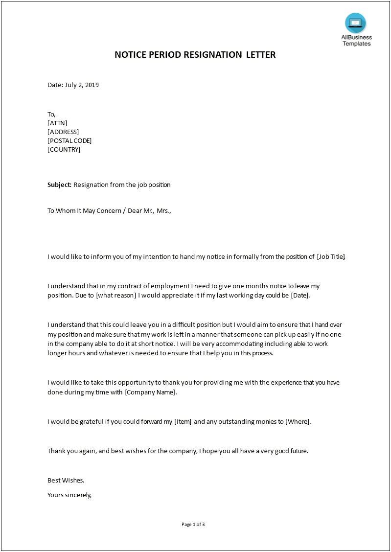 Resignation Letter Template 3 Months Notice