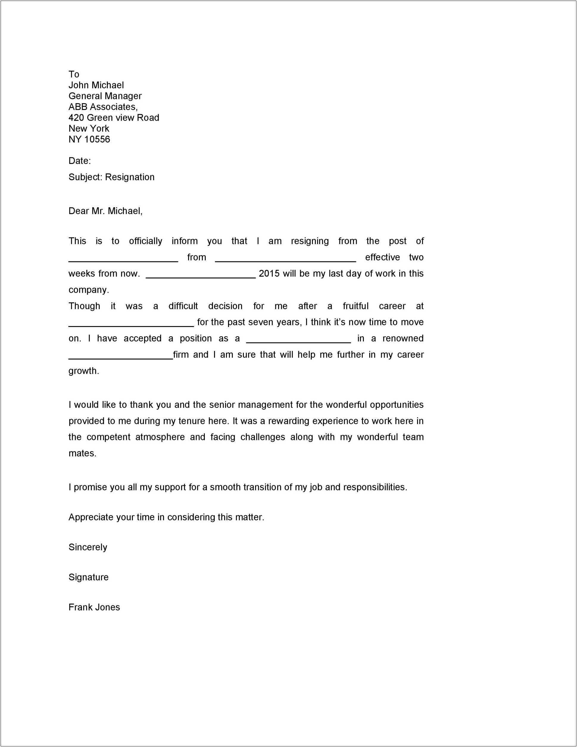 Resignation Letter Template 4 Week Notice