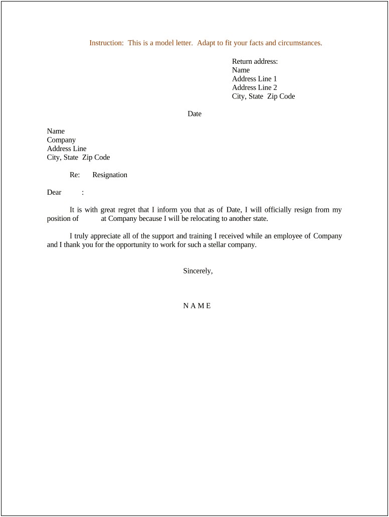 Resignation Letter Template Due To Relocation