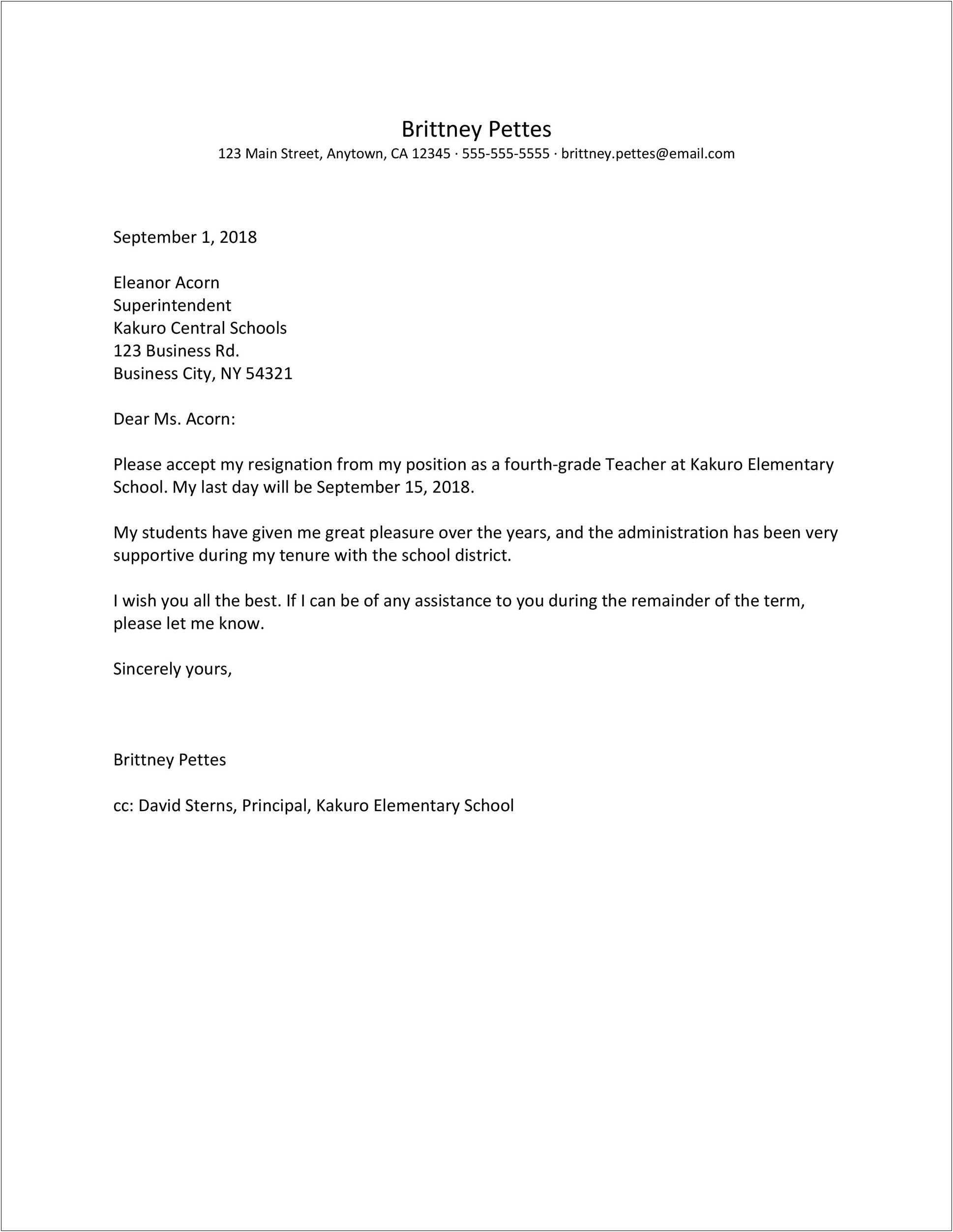 Resignation Letter Template Due To School